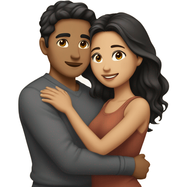 They are holding each other very tightly. An Asian man with short dark hair and amber eyes embracing and loving a half Asian woman with long wavy dark hair and dark hazel eyes. They love each other a lot And have good fashion taste. emoji