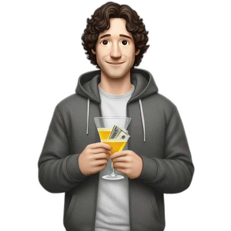 josh brener from silicon valley, realistic with hoodie holding martini in one hand and cash stack in the other emoji