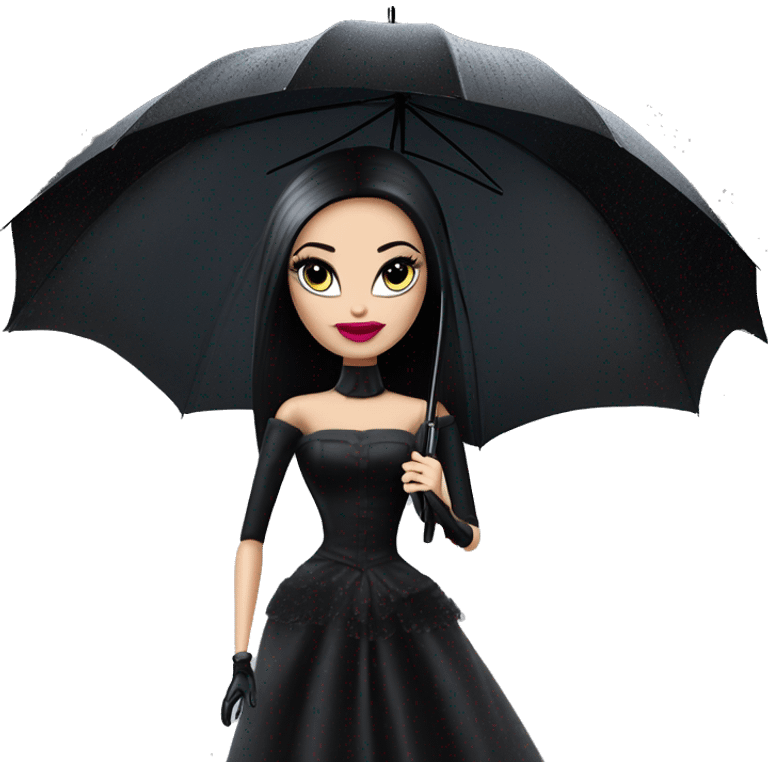 Parisienne Pretty Barbie Morticia Addams at a rainy funeral holding mbrella, accessories gloves carrying clutch  emoji