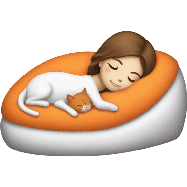 White girl brown hair sleeping in bупал with orange kitty emoji