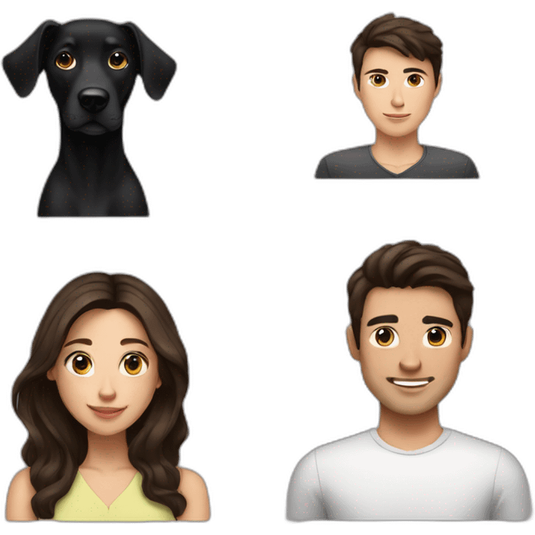 brunette young woman, brunette man and black medium dog emoji