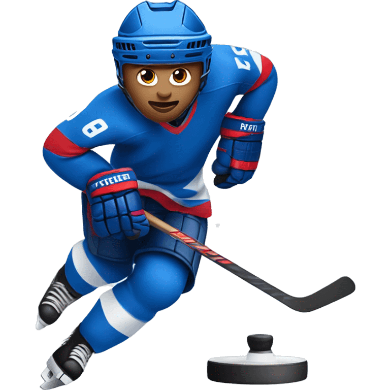 A hockey player in a blue-white-red uniform runs with a puck emoji