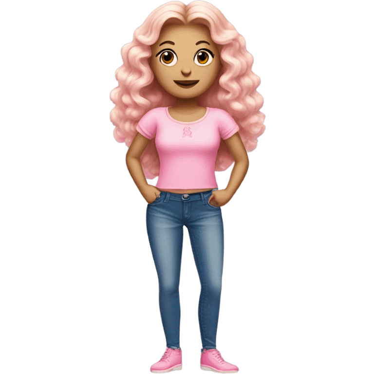 Glinda wearing a pink croc top and short jeans  emoji