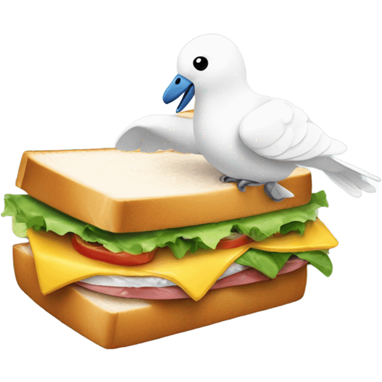 A sandwich with a bite out of it, being carried by a white dove. emoji