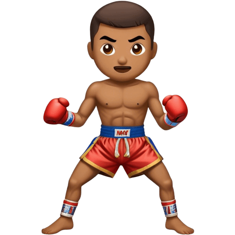 Cinematic Realistic Muay Thai Pop Culture Emoji, depicted with an action-packed portrayal of traditional Thai boxing rendered with bold textures and energetic, dramatic lighting. emoji