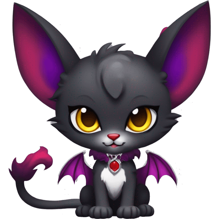 Anthro-Cute-Edgy-Cool-Vampiric-Batty-Cat-Black-Purple-Red-Grey-White-Yellow-Contrast-Colors-Fantasy-Fur-Sona-Chibi-Shiny-Fakémon-Hybrid with horns and fangs and collar full body emoji