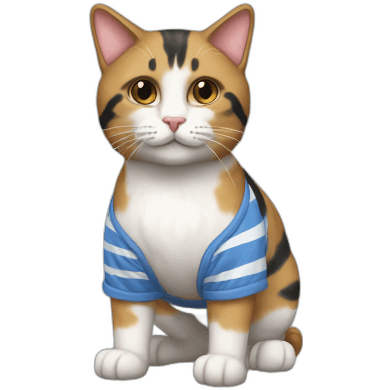 Purradise Meowscles is a buff calico cat  he has a mullet, a floral designed t shirt that is unbuttoned and blue and white stripped shorts emoji