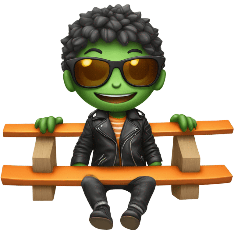 A close up of a baby crocodile on a seesaw wearing a black leather jacket and orange sunglasses  emoji