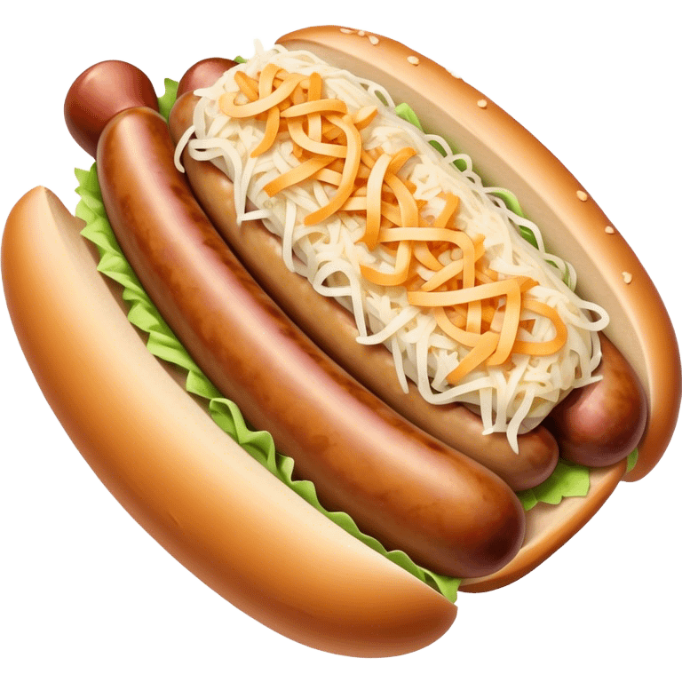 Bratwurst Cinematic Realistic Bratwurst Dish Emoji, depicted as a grilled bratwurst topped with a generous serving of shredded sauerkraut, rendered with rich textures and dynamic, appetizing lighting. emoji