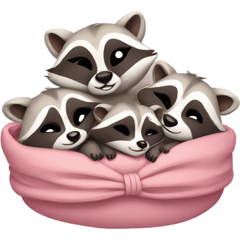 3 sleeping cute raccoons with bows emoji