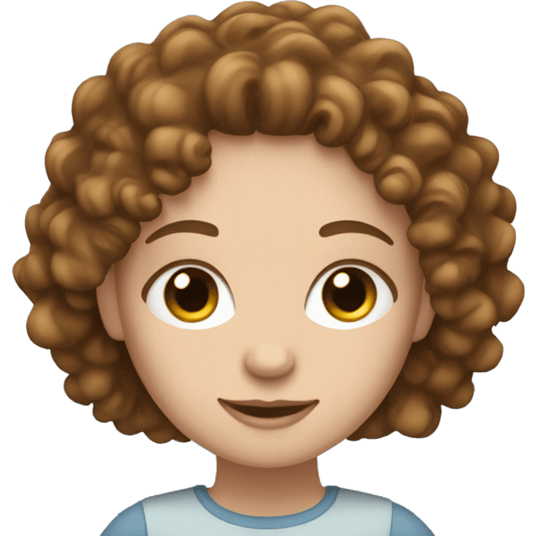 A white girl with brown curly hair and blue eyes is working on a laptop emoji