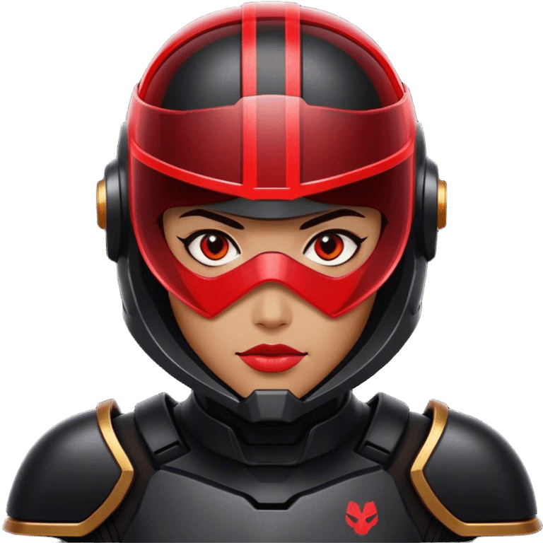 A futuristic bounty hunter in sleek black armor, glowing red visor in the dark emoji