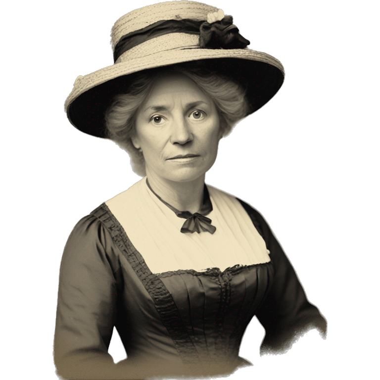 black and white photo of middle-aged women in 19th century. wearing dress. Long, blond hair. full body in picture. wearing hat. emoji