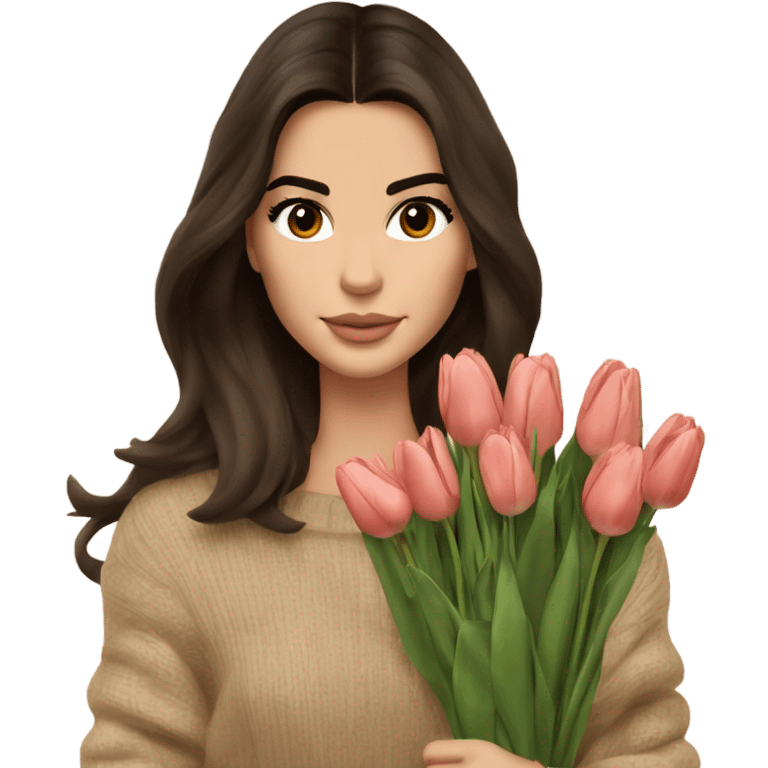 brunette Kendall Jenner with soft and long and brown hair her eyes brown and Holding a bouquet of tulips Her hair is wavy and shiny With brown sweater just one  emoji