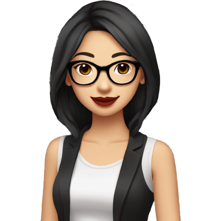 Asian girl, smiling with teeth and dimples on the cheeks, fair skin, black long hair, black eyes, black glasses with gold frames, red lipstick, wearing a white lace tank top and a black office jacket on top, with pink and red roses around her, chibi. emoji