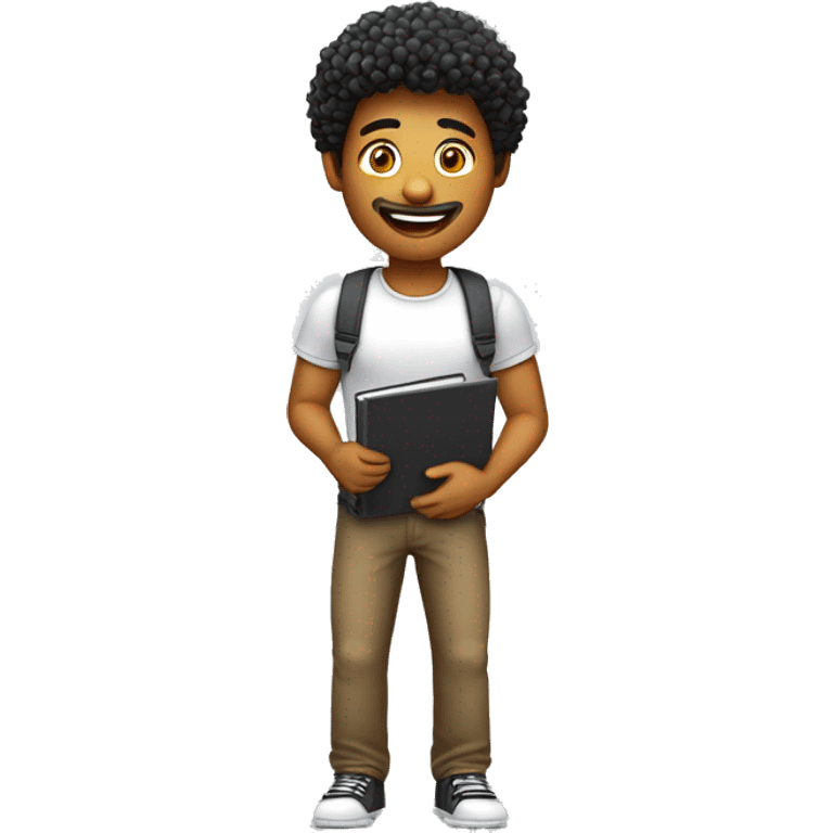 Homem sorrindo com notebook as pernas não devem aparecer, cabelo crespo e preto pequeno sem pelo facial estilo cartoon 3d jovem emoji