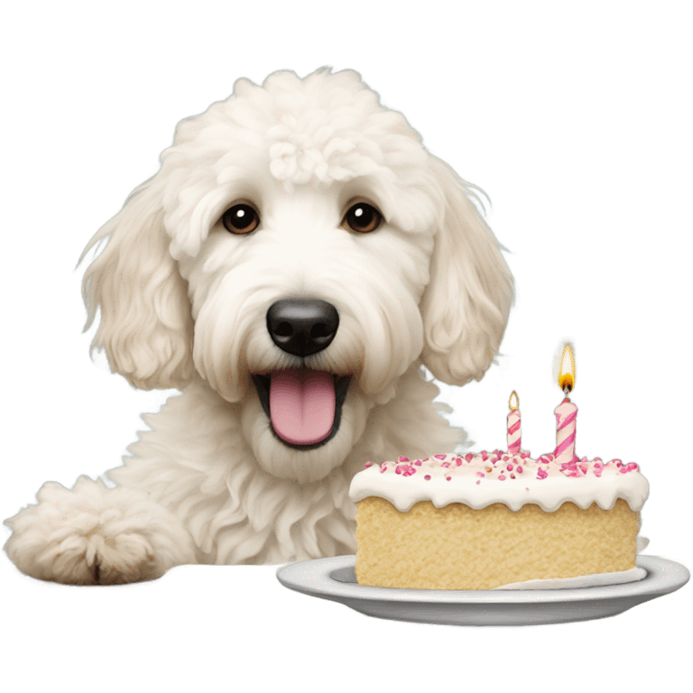 White Goldendoodle eating birthday cake  emoji