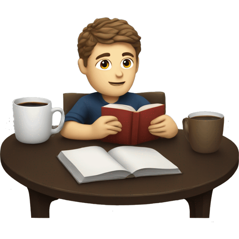 A white boy reading books at a coffee table with a cup of coffee next to him emoji