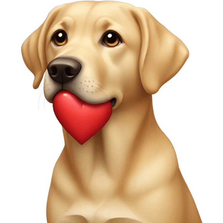 Golden lab holding a heart emoji