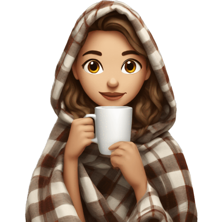 Beautiful girl wrapped in cozy plaid blanket drinking coffee emoji