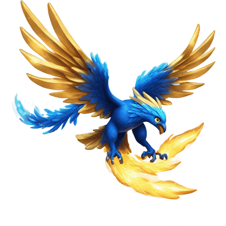 A molten gold phoenix with electric-blue wings, mid-flight, leaving a trail of fiery stardust and sparks. emoji