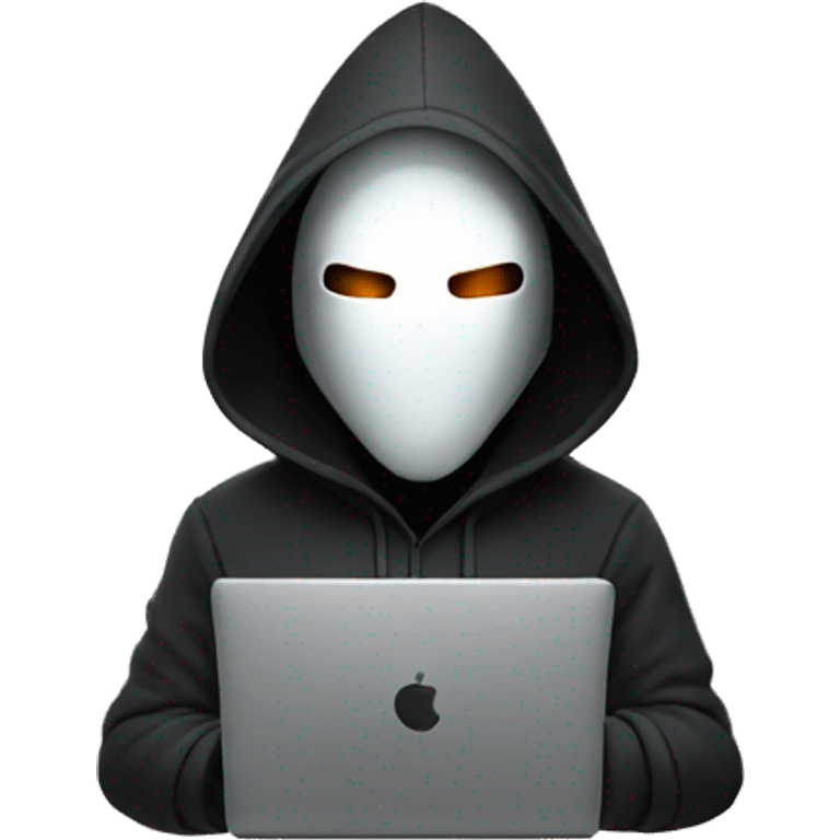 hooded man with a laptop wearing a mask with glowing white eyes emoji