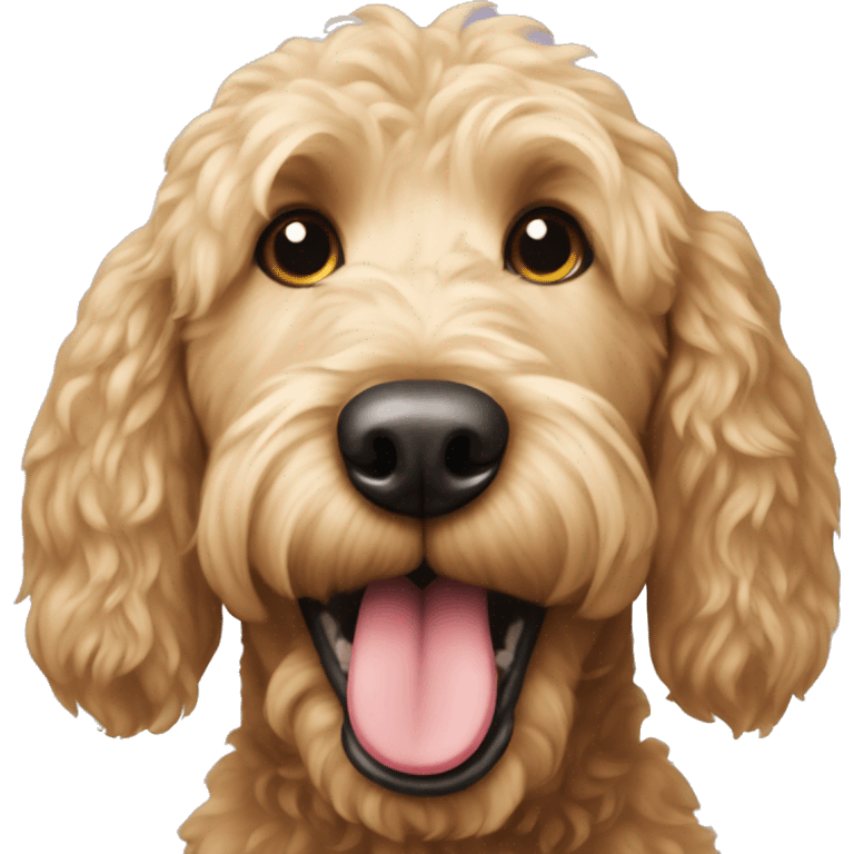 Golden doodle dog showing tongue emoji