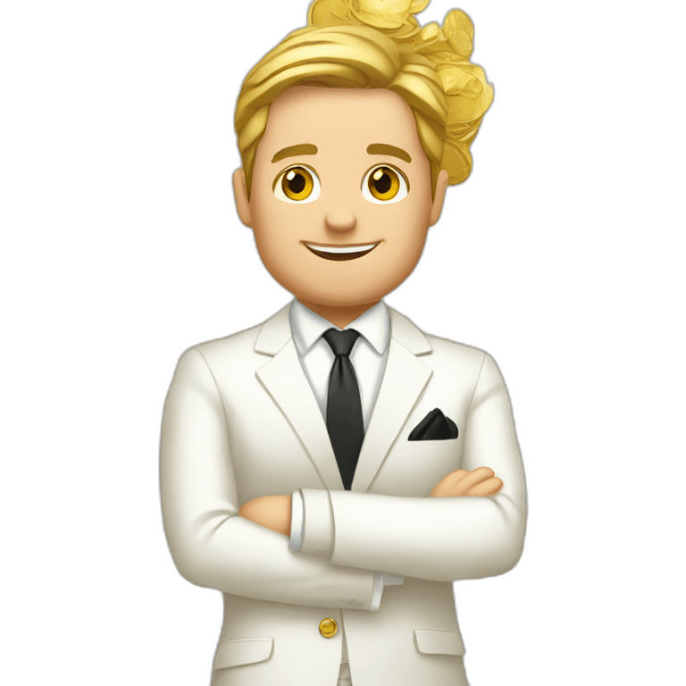 Posh-man-with-white-suit-holding-golden-coins emoji