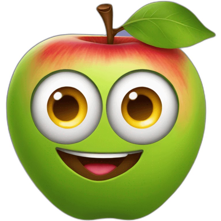 apple planet with a cartoon smirking with big courageous eyes emoji