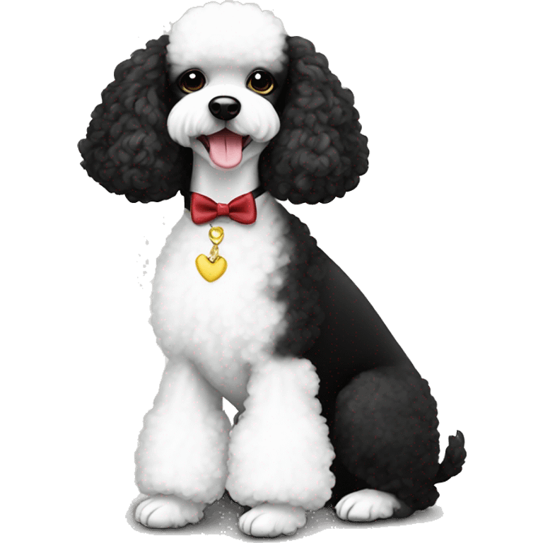 Mini white poodle in tuxedo sitting with mini black poodle in white dress emoji