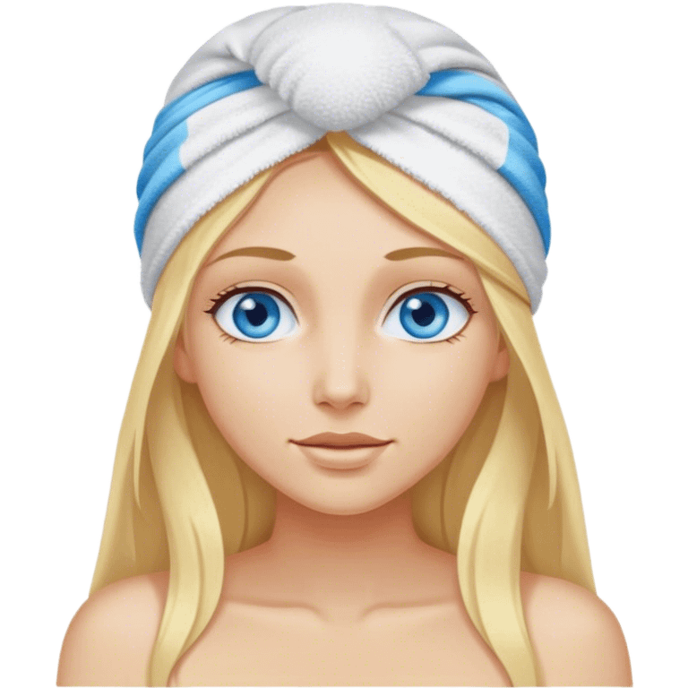 Cinematic realistic blonde with long hair and blue eyes, with a towel on her head emoji