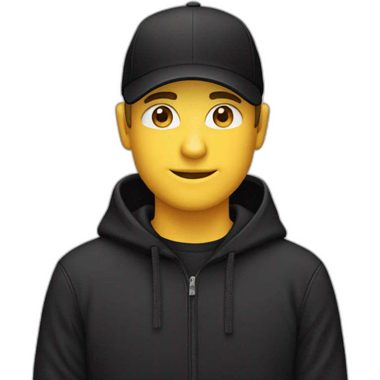 caucasian Designer wearing flat bill hat and black hoodie emoji