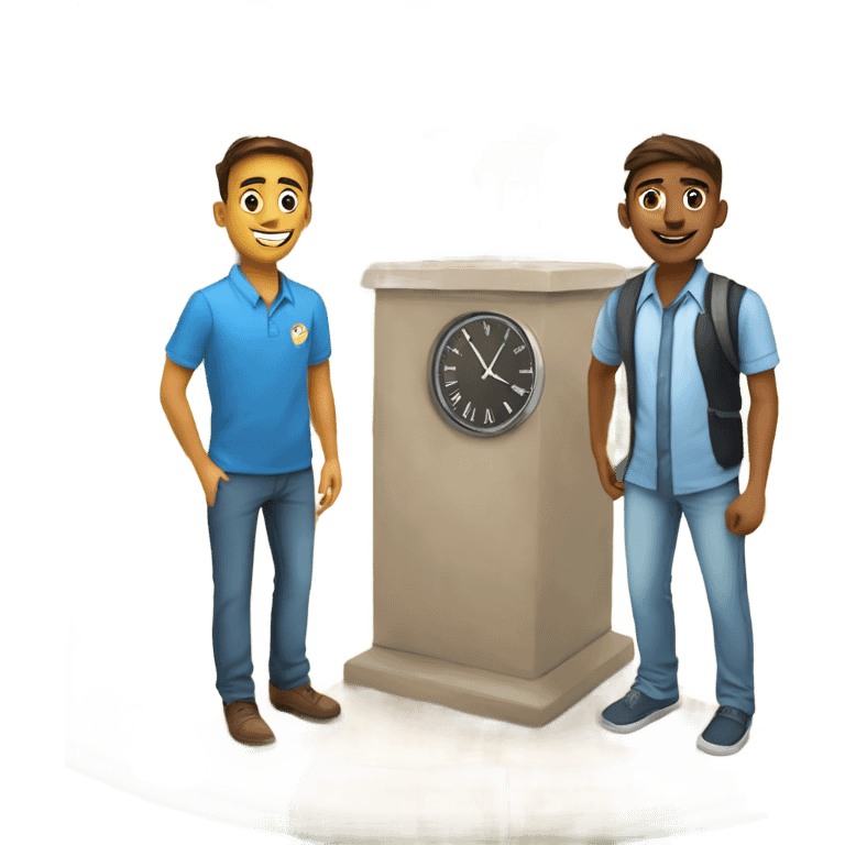 Bits pilani india and two friends standing in gront of clock tower  emoji