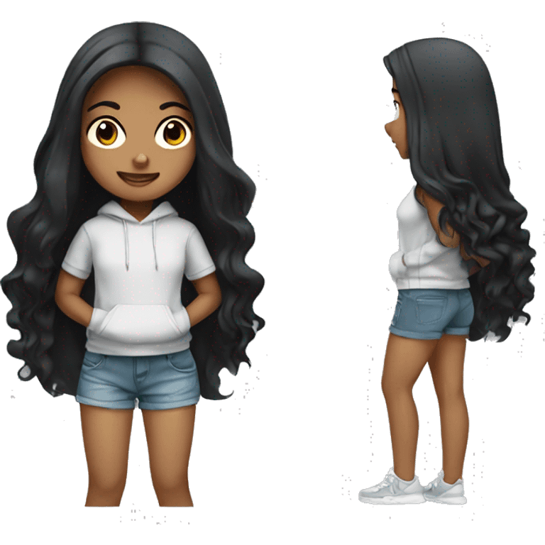 light tan girl with long black hair wearing hoodie and shorts emoji