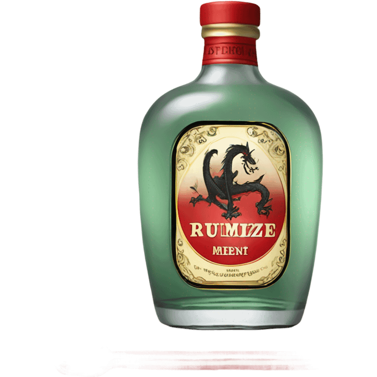 clear bottle of rumpleminze peppermint alcohol with a label that black with red border and font that has a small gold dragon on the label emoji