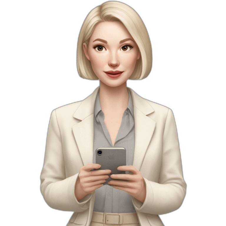 pale skin woman with ash blonde Straightened bob Hair, White Spacious classical jacket, beige palazzo Arrow pants and gray blouse holding white IPhone 15 pro in the hands emoji