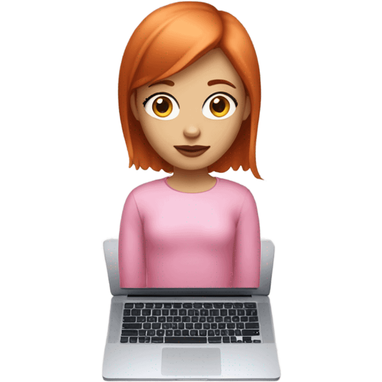 girl with straight short red hair, white skin, big pinky lips, big eyes, calm face, in pink clothes works on macbook emoji