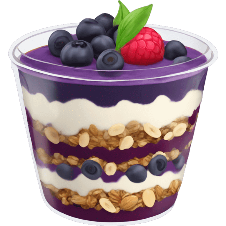 Açaí in a clear cup with layers of fruits and granola and condensed milk emoji