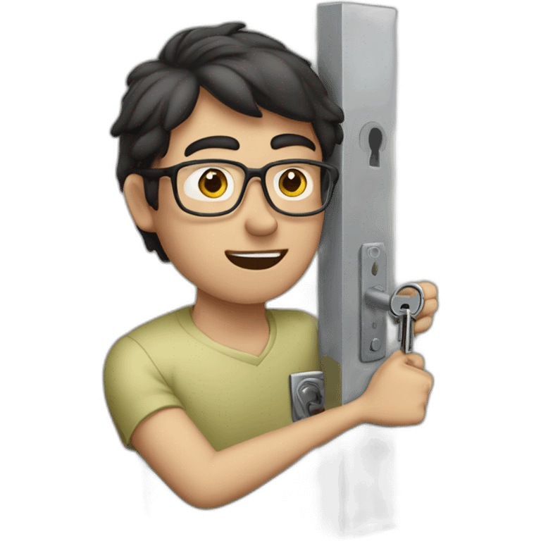 dark-short-haired man with glasses, struggling to fit a key into a lock door emoji