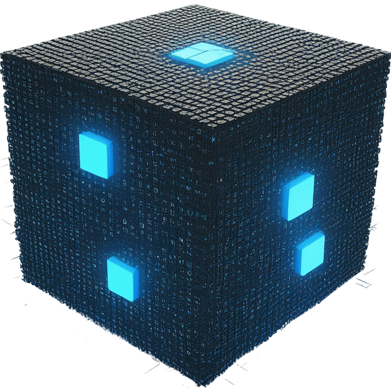 three-dimensional digital cube, intricately designed with a myriad of smaller binary (0s) and (1s). This cube is illuminated with a radiant blue glow, emanating a sense of blockchain and technology. Surrounding the cube are streams of binary numbers emoji