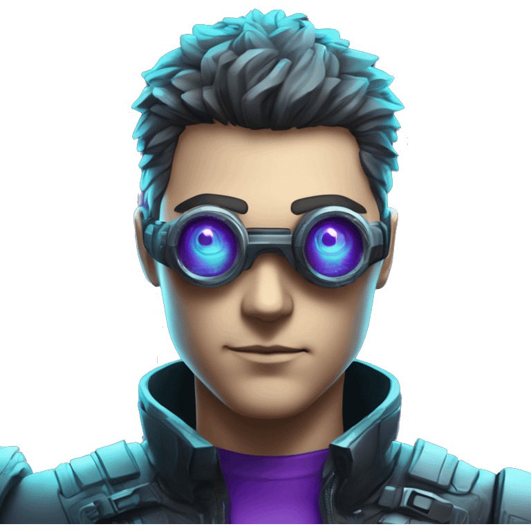 Secret human agent with  cyberpunk elements with a spyglass scanning looking reviewing multicolor lines of code, cyan and purple colors, only upper body portrait emoji