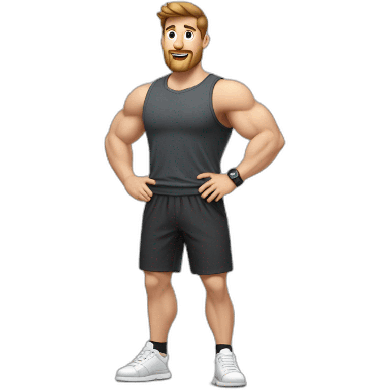 Full height Actively gesturing with hands Pale skinned Fit Man With the biceps and brown hair in dark gray Sleeveless Mike, black oversize sports shorts, watch and white Sneakers emoji