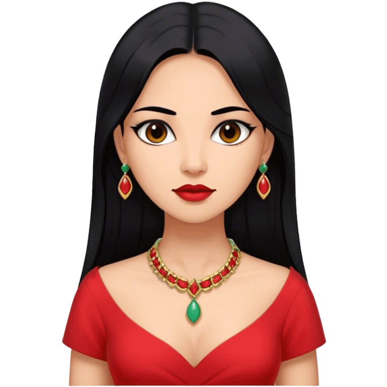 Bella Goth, latin woman long straight hair black, red dress, jade collar, beautiful emoji