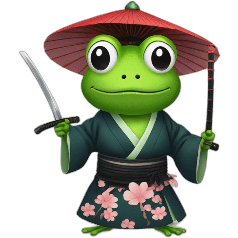 frog with a Japanese hat and a kimono holding a katana emoji