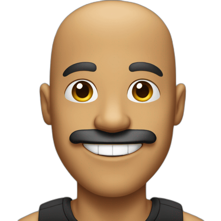 Bald man with very big black mustache and tan skin and a super big smile and smiley eyes and a black t-shirt emoji