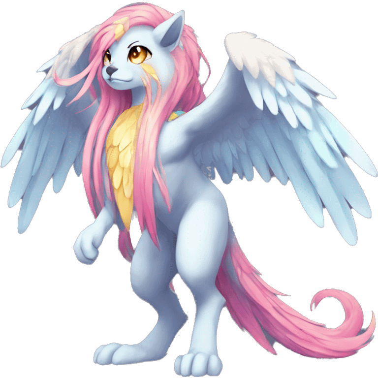 Anthro Sona Cool Edgy Cute Colorful Shy Winged Shiny Fakemon-Fantasy-Creature With Long Hair-Mane Full Body Detailed High Quality emoji