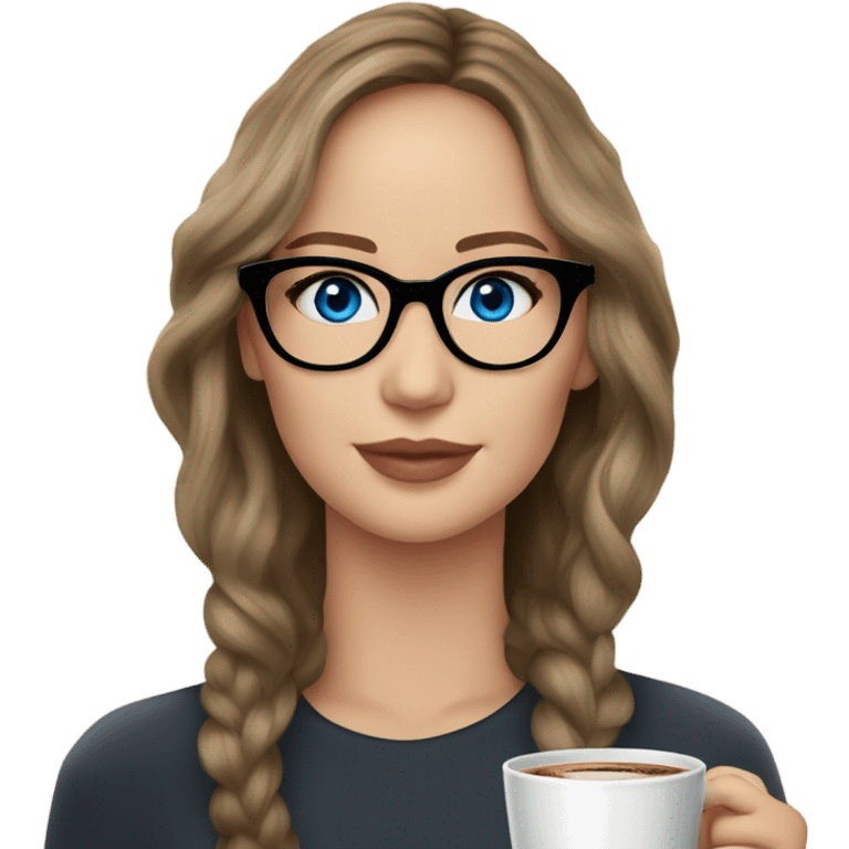 Photo of Brunette Jennifer Lawrence wearing black glasses and blue eyes drinking coffee  emoji