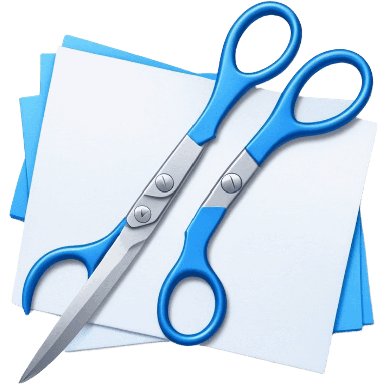 Blue scissors cutting white paper into small pieces emoji