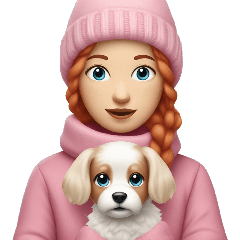 Woman with red hair and blue eyes wearing pink winter clothes holding a small white dog with fluffy fur  emoji