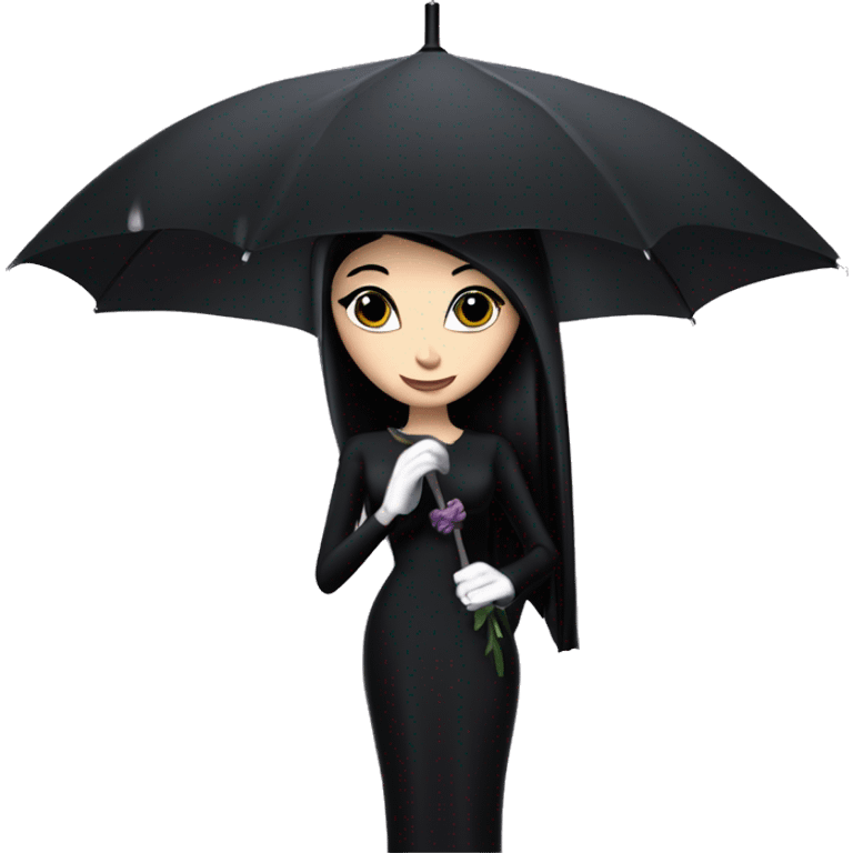 Audrey Hepburn as Morticia Addams at a rainy funeral holding a lacey umbrella.  Jewelry,veil hiding face,gloves,purse.  emoji